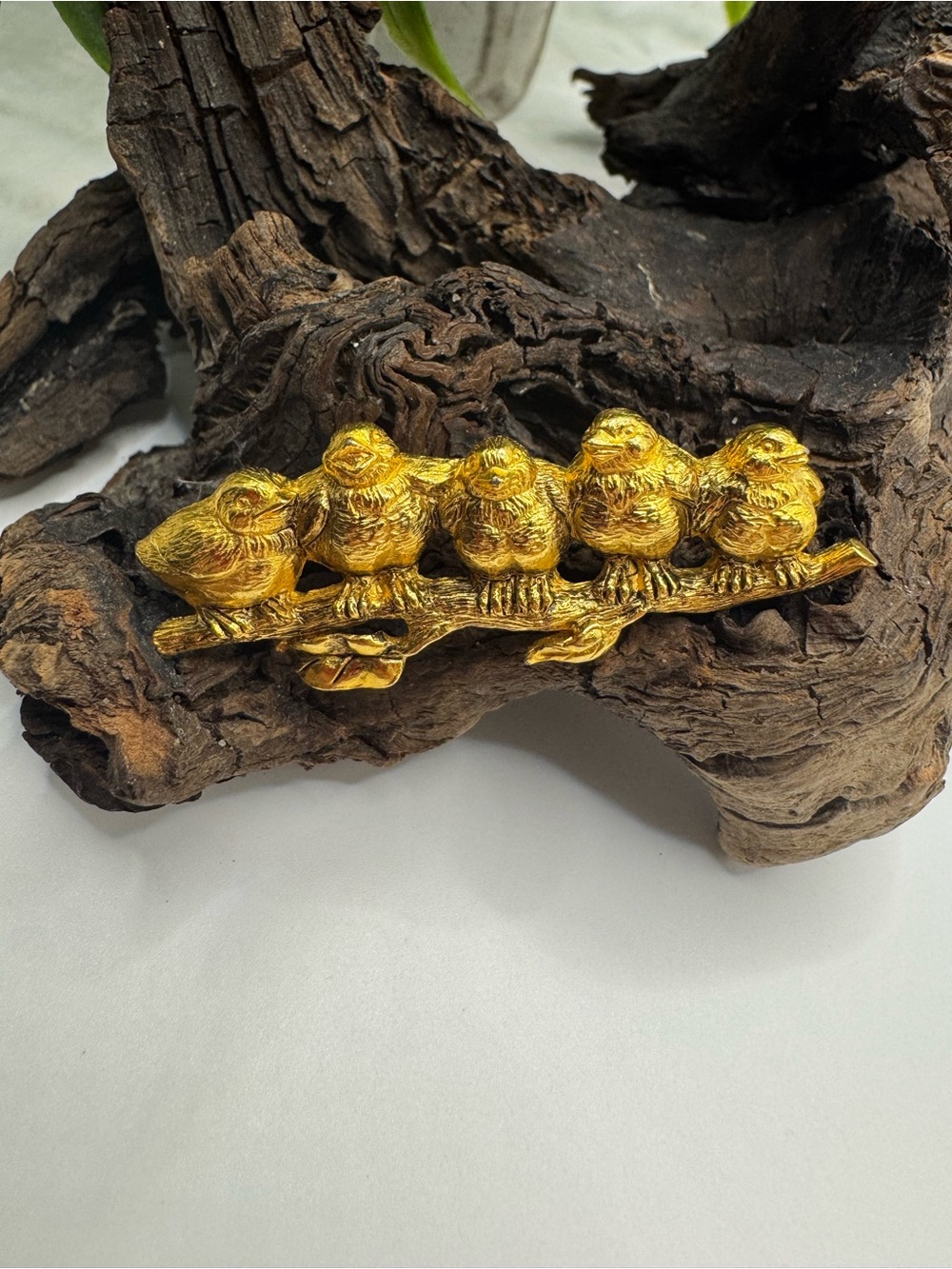 Talbots vintage brooch, birds on a limb. Textured gold tone metal, EUC.